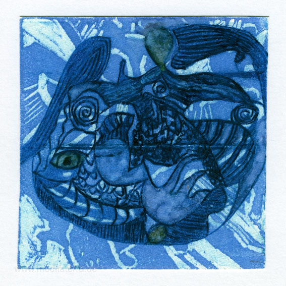 Therese Wilkins 2, Australia, Figurative In Blue, Lino Intaglio, 13 x 13, 2015